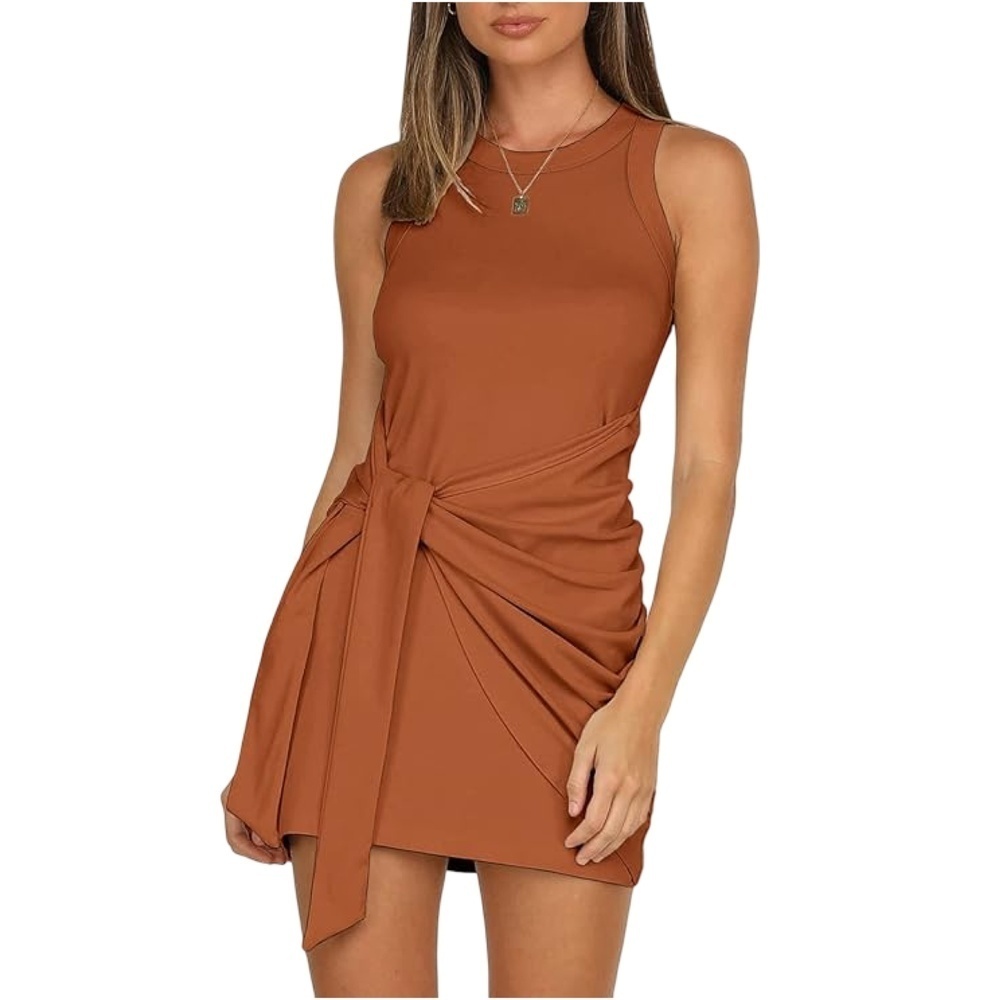 Womens Dark Brown Summer Casual Sleeveless Beach Mini Dress Medium
